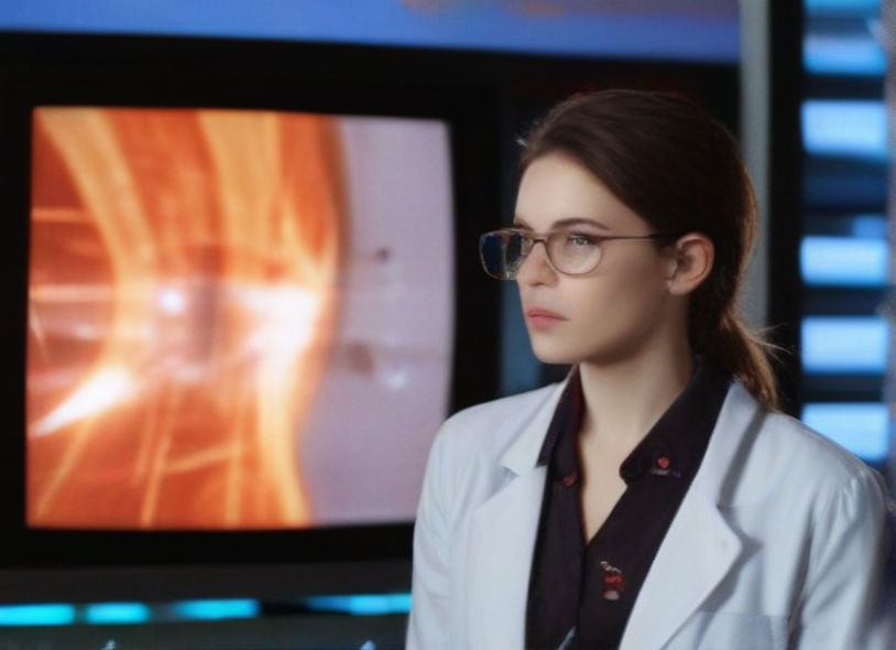 A female scientist stands before a television, captivated by the images flashing across the screen, her expression a mix of focus and excitement.