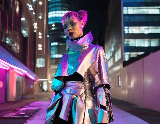 A woman dressed in cyberpunk fashion metallic fabrics.