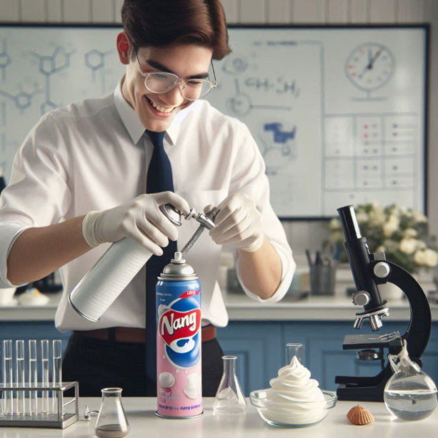 A science lab using a nang whipped cream canister to demonstrate gas laws and pressure changes.