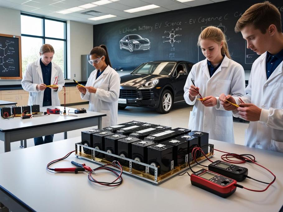 Students examine EV battery module in science lab with Porsche outside window.