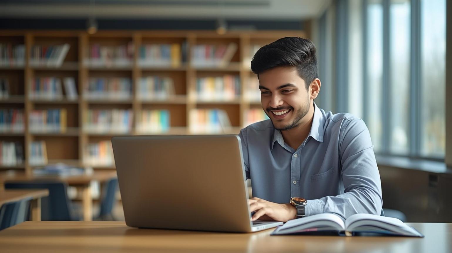 Smiling college student comparing textbook prices on laptop inside bright university library.