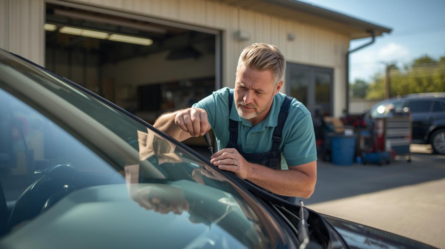 Technician carefully repairing windshield chip under sunlight outside neighborhood auto glass workshop.