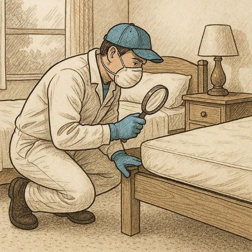 technician conducting bed bug inspection in a bedroom