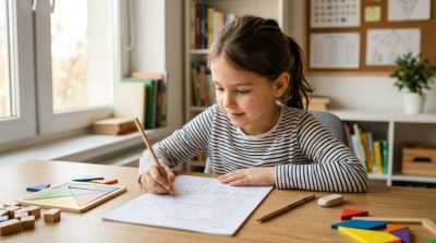 A primary school-aged child thoughtfully solving a challenging mathematics and logic worksheet at a tidy study desk